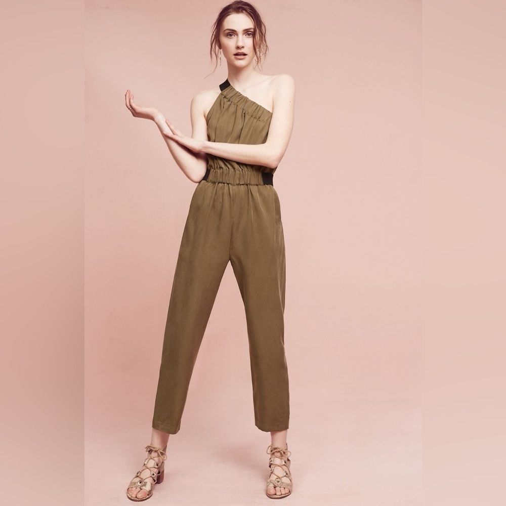 Anthropologie Maeve Verano Olive green one shoulder jumpsuit
